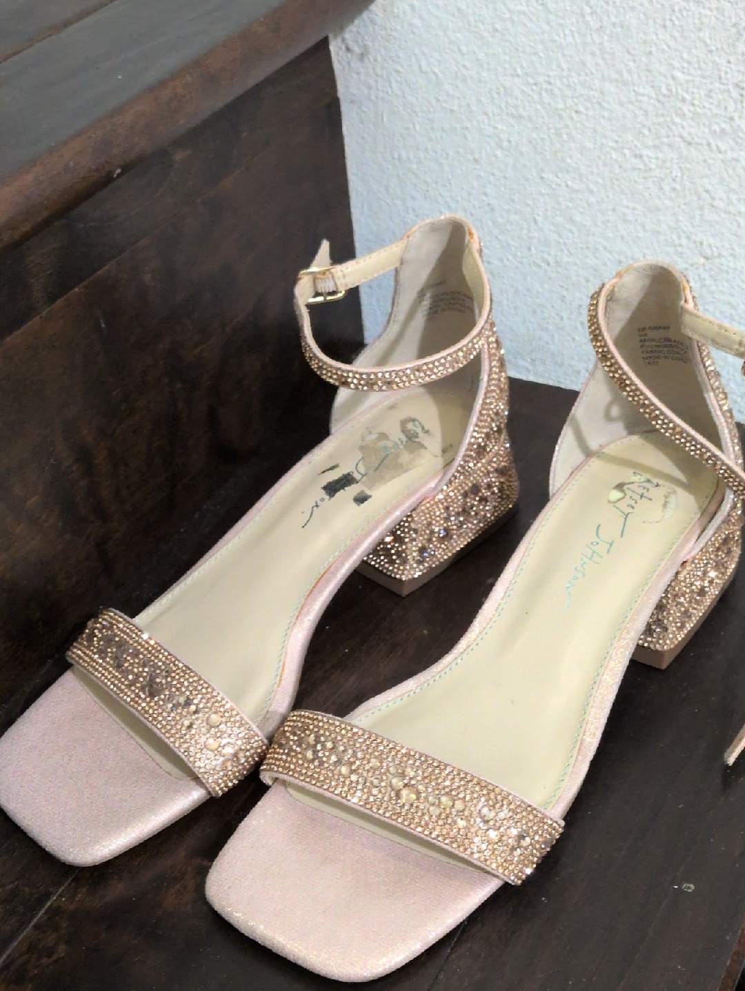 Betsey Johnson Rose Gold Crystal Ankle Strap Block Heels